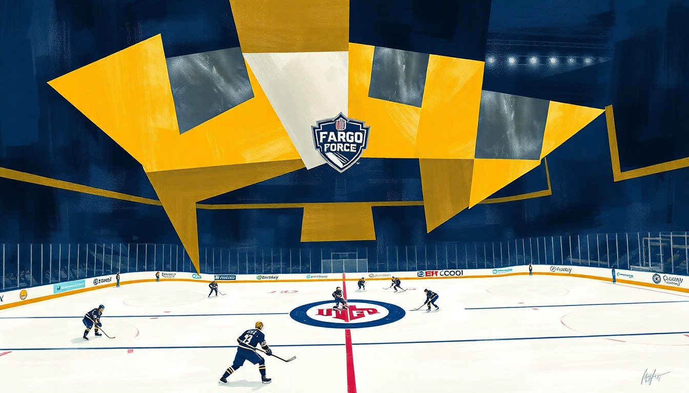 A cubist, geometric painting featuring overlapping planes of navy blue and gold, conceptually representing the strategic complexity and energy of a Fargo Force hockey game.