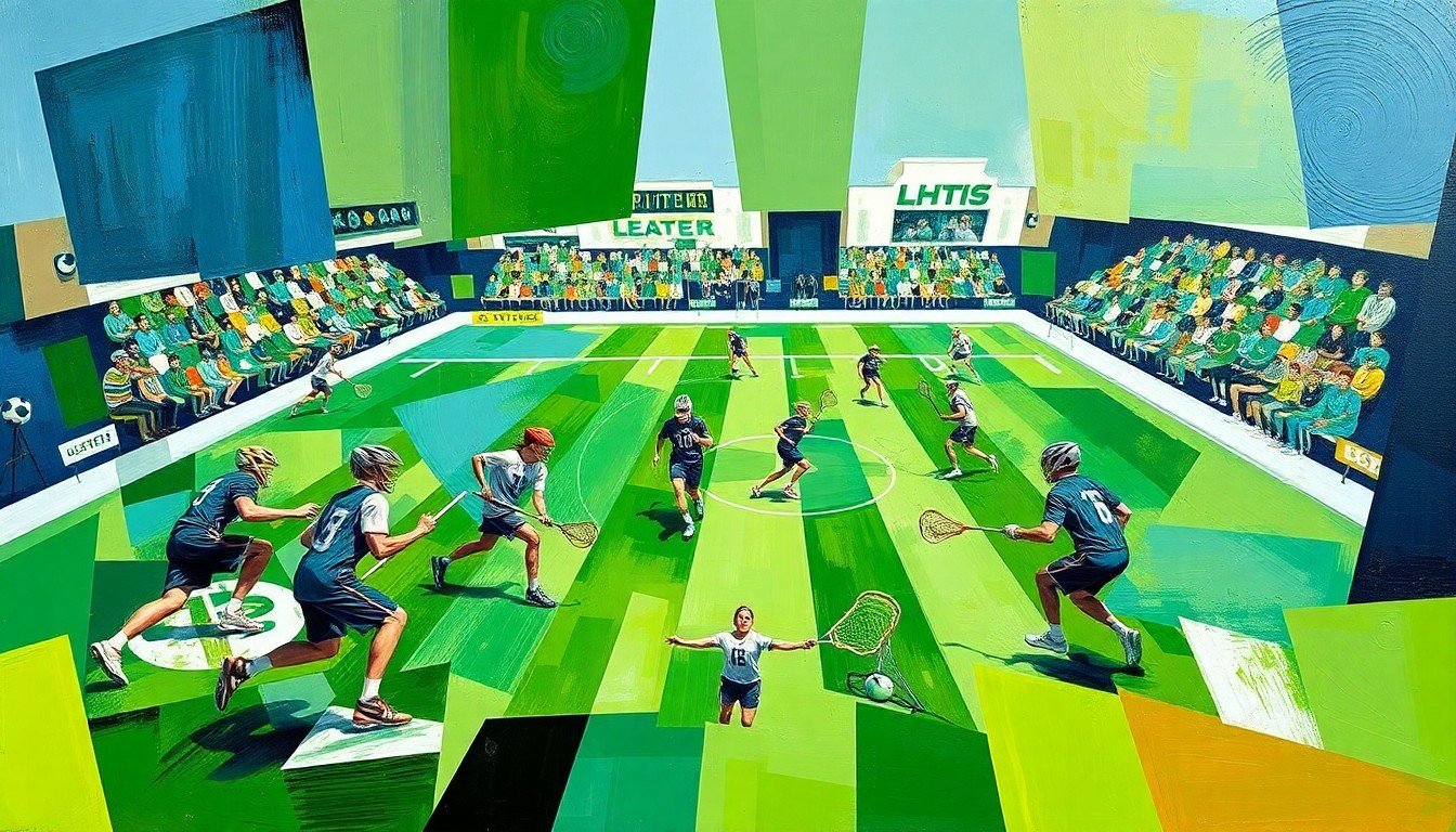 A fragmented, geometric painting depicting the chaotic energy of a high school lacrosse match, with sharp planes of green, blue, and white representing the field, players, and ball.
