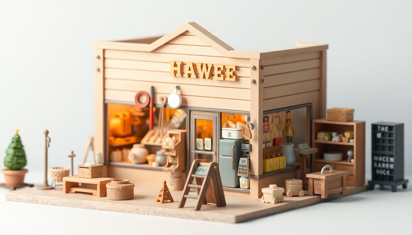 A highly detailed, isometric 3D illustration of a small-town hardware store, with a variety of tools, appliances, and home goods displayed in the windows. The scene features a warm, inviting storefront and is bathed in soft, natural lighting, creating a sense of community and tradition.