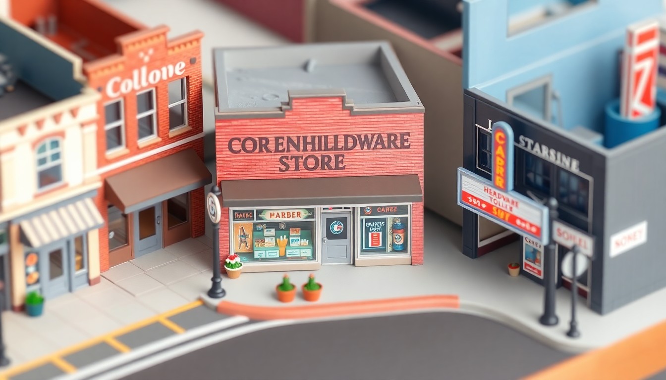 A detailed, isometric 3D illustration depicting a classic American main street scene, with Cornell Hardware Store as the central focus. The store is rendered in a clean, modern style with bold colors and soft lighting, surrounded by other small businesses like a cafe, a barbershop, and a movie theater. The scene evokes a sense of nostalgic Americana and the enduring spirit of tight-knit communities.