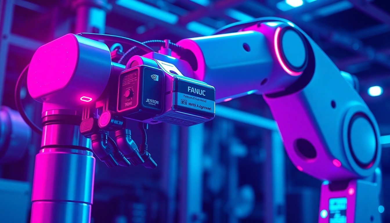 A highly detailed, glowing 3D macro illustration of a FANUC industrial robot arm with NVIDIA Jetson edge modules and Omniverse simulation elements illuminated by neon cyan and magenta lights, conceptually representing the convergence of physical automation and digital AI technologies in industrial robotics.