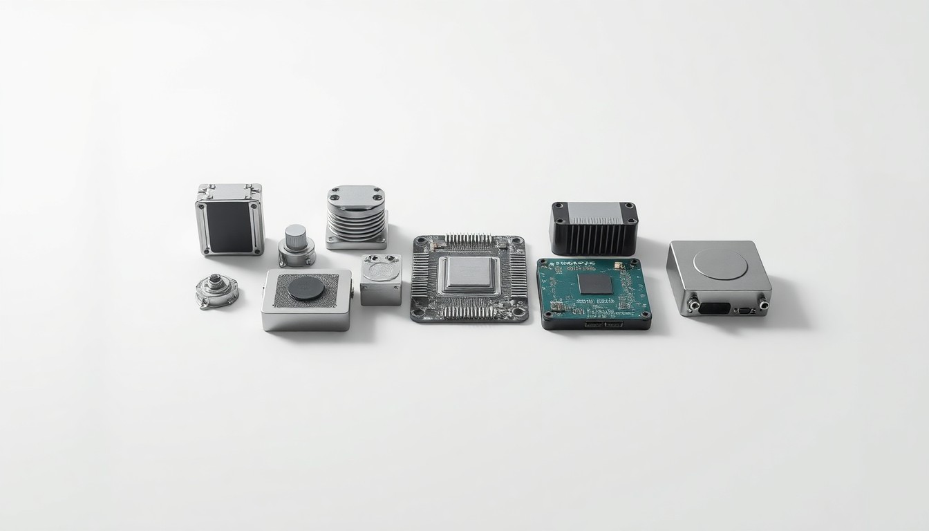 A high-end, photorealistic studio still-life photograph featuring a collection of polished metal electrical components and circuit boards arranged elegantly on a clean, monochromatic seamless background, conceptually representing the abstract concepts of trade policy, supply chain integration, and industrial competitiveness.