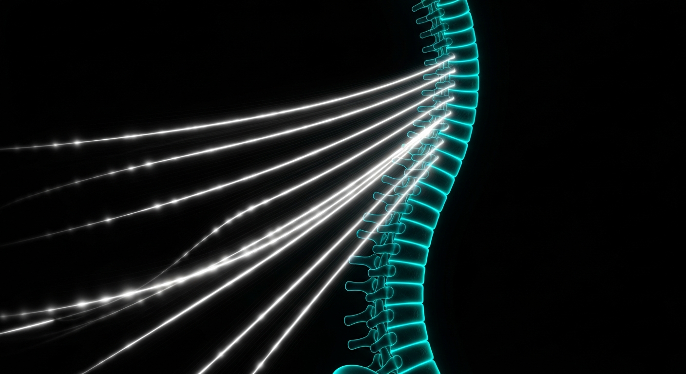 A minimalist neon outline of a human spine, glowing against a dark background and surrounded by pulsing energy lines, conceptually representing the holistic approach to wellness provided by a long-standing chiropractic practice.