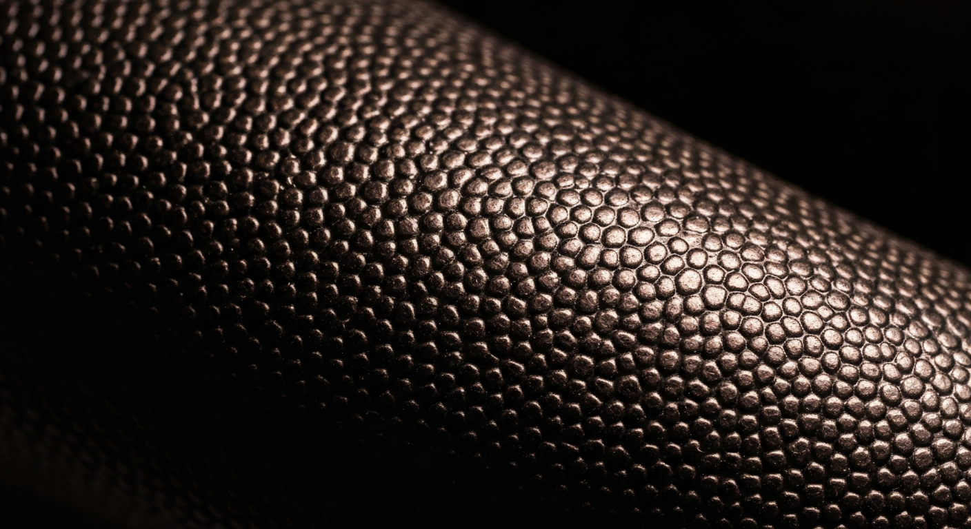 Ekstremni krupni plan automobilskog gumenog crijeva ili brtve s šljunkom s teksturom, sa zamršenim uzorcima materijala i živim bojama istaknutim dramatičnim osvjetljenjem, konceptualno predstavlja dugovječnost i umijeće obiteljske trgovine autodijelova.