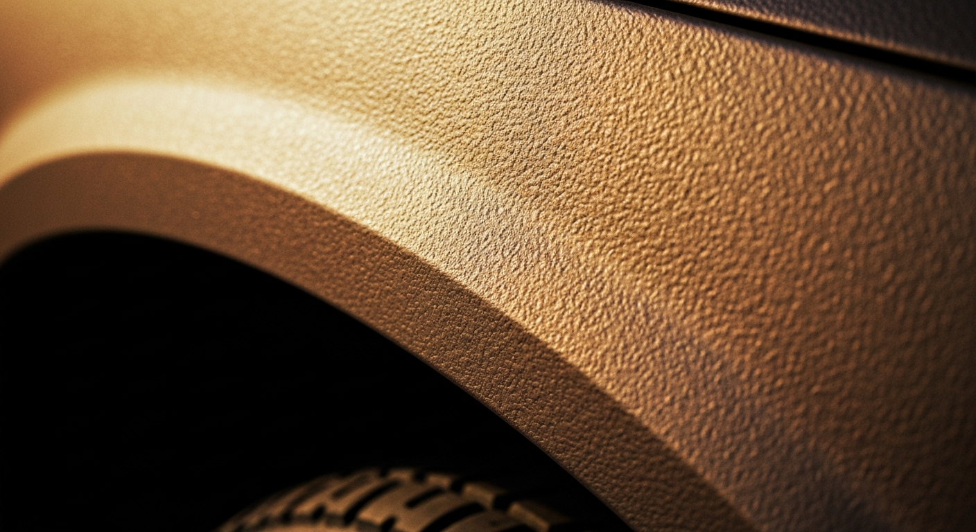 Ekstremna fotografija izbliza šljunčane, teksturirane površine automobilskog blatobrana u toplim, zemljanim tonovima, koja prikazuje umijeće izrade i trajnost obiteljskog popravka automobila.