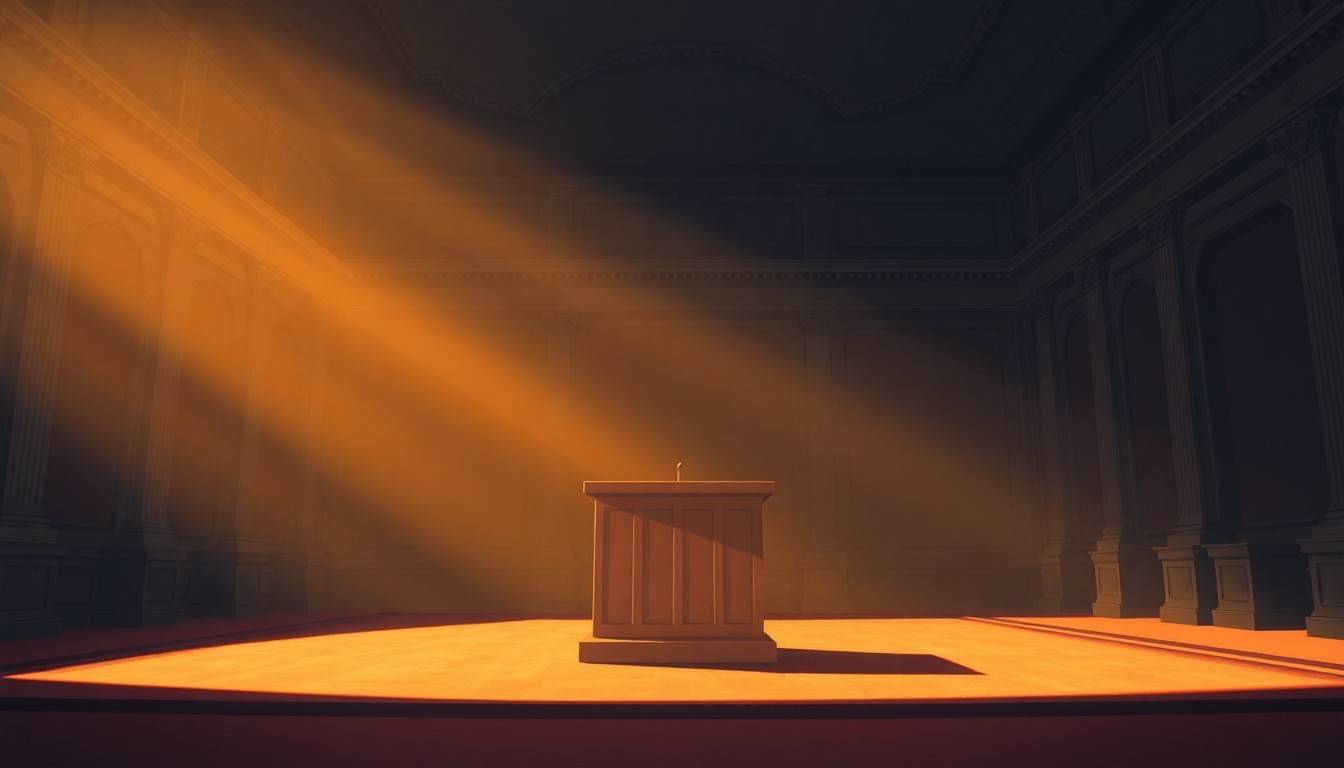 A dimly lit, cinematic painting of an empty podium in a government building, with warm, diagonal sunlight and deep shadows, conveying a sense of political uncertainty.