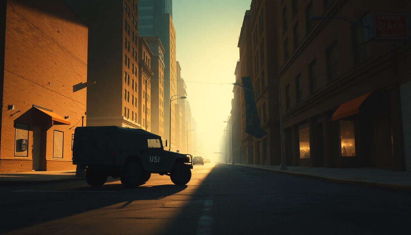 A serene, photorealistic painting of a lone military Humvee parked on an empty urban street, the vehicle's silhouette casting long shadows across the pavement as warm sunlight streams in from the side, creating a palpable sense of quiet contemplation.