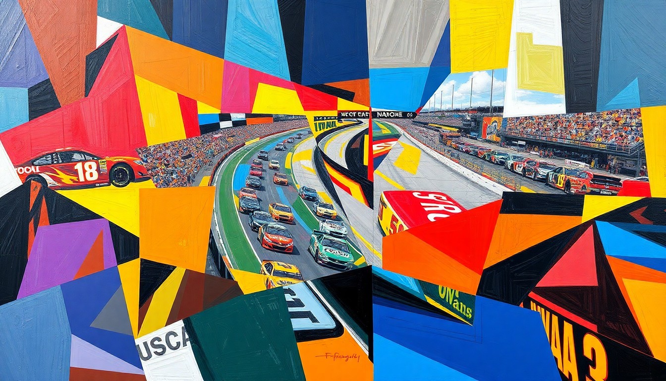 A cubist, geometric painting depicting a NASCAR race at Bristol Motor Speedway, with cars and track elements broken down into overlapping planes of color and form, capturing the intensity and unpredictability of the event.