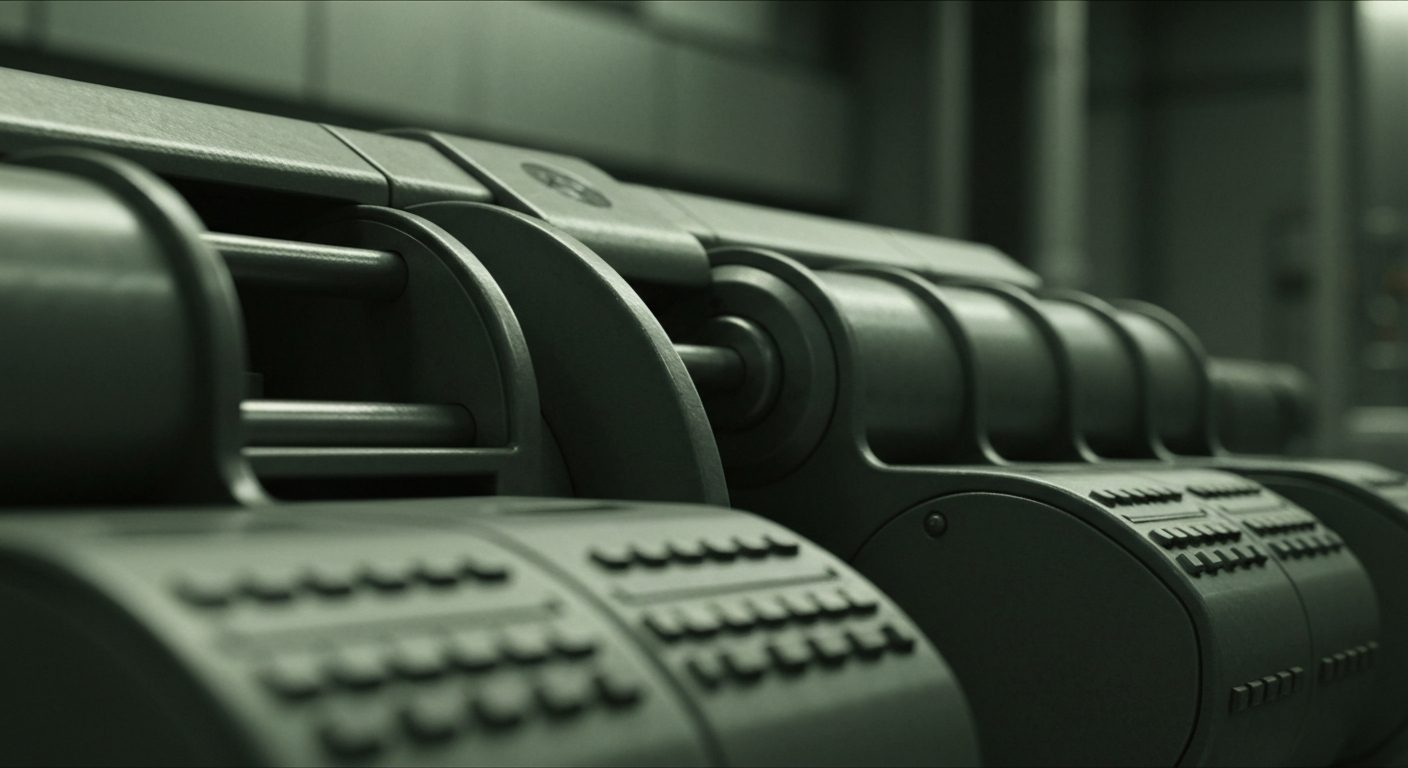 An extreme close-up of intricate, heavy banking machinery and equipment in muted industrial tones, conveying the secure and institutional nature of BancFirst's financial operations.