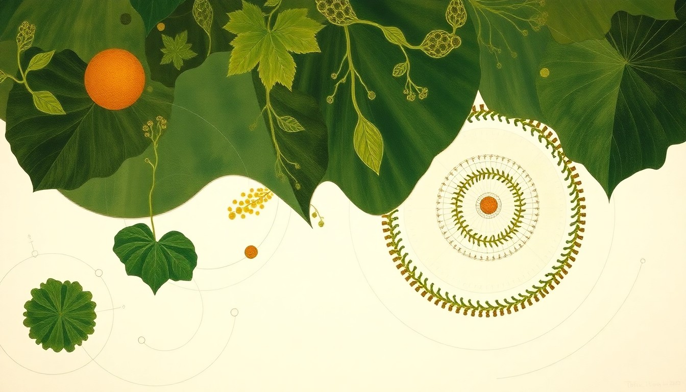 An abstract, highly structured painting in soft earth tones depicting the intricate genetic forces and molecular structures underlying the development of seedless, self-pollinating muscadine grape varieties, conveying the scientific complexity of this plant breeding breakthrough through bold geometric shapes and botanical spirals.