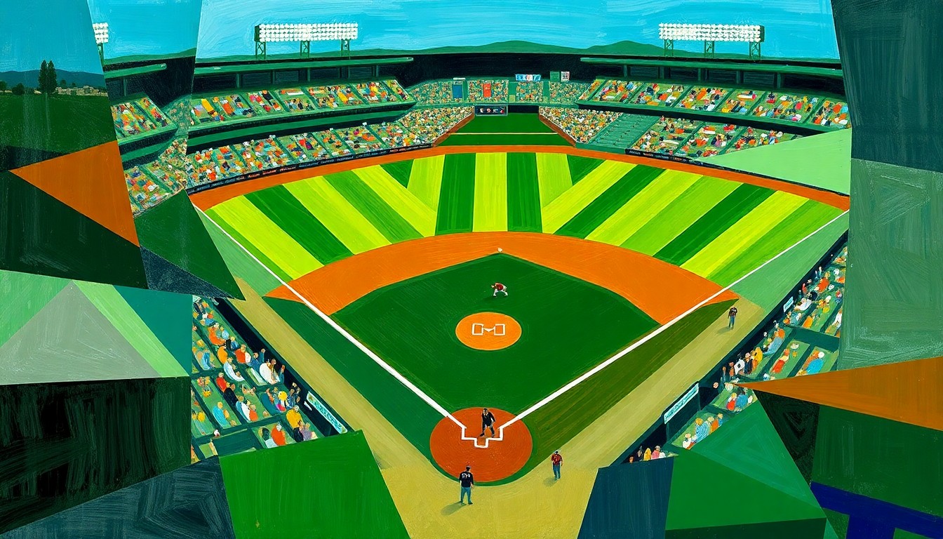 A cubist-style painting depicting a baseball game broken down into overlapping geometric shapes and planes in shades of green, brown, and blue, conveying the dynamic action and tension of the game's climactic final moments.