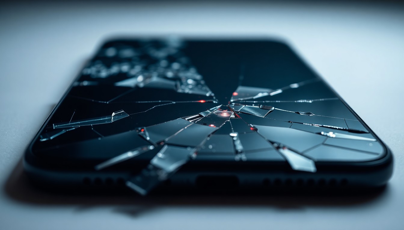 An extreme close-up photograph of a shattered smartphone screen, the cracked glass reflecting a faint red light, conceptually illustrating the aftermath of a cybercrime incident.