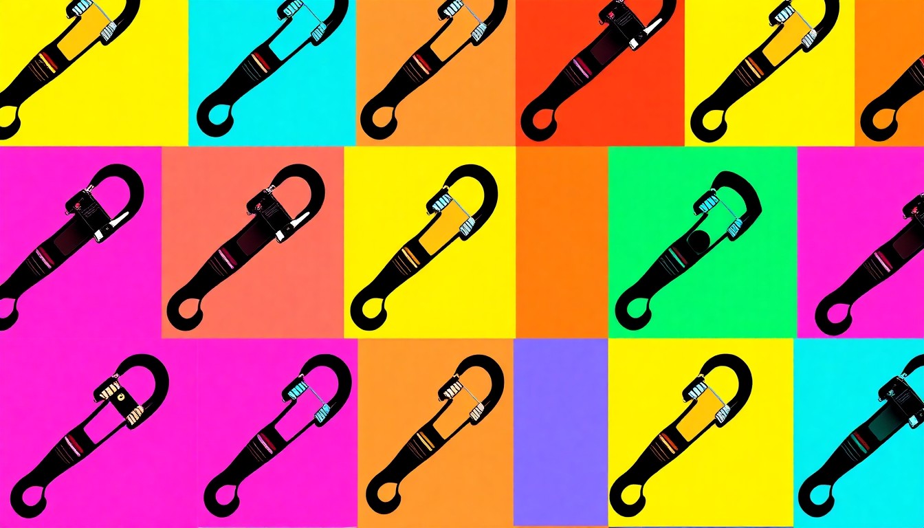 A high-contrast, brightly colored silkscreen print of a mountaineering carabiner or ice axe repeated in a grid pattern, conceptually representing the adventurous spirit and outdoor advocacy of Jim Whittaker.