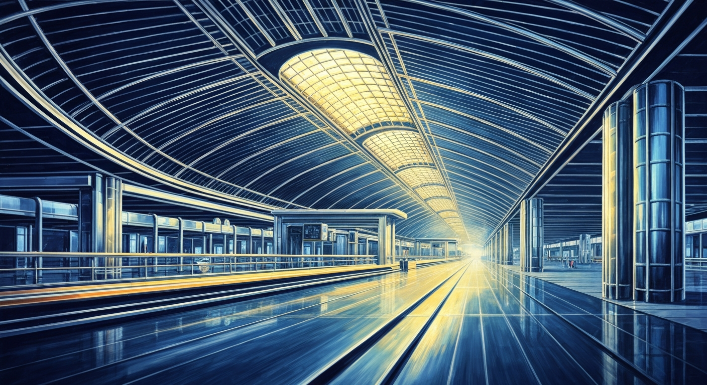 A bold, geometric Art Deco-inspired illustration depicting the sleek, streamlined forms of a modern airport terminal, rendered in shades of steel blue, chrome, and amber to evoke the efficiency and romance of air travel.