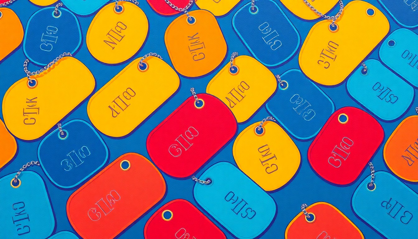 A bold, colorful silkscreen print featuring a repeated military dog tag icon, conceptually illustrating the diverse experiences and needs of the local veteran community.