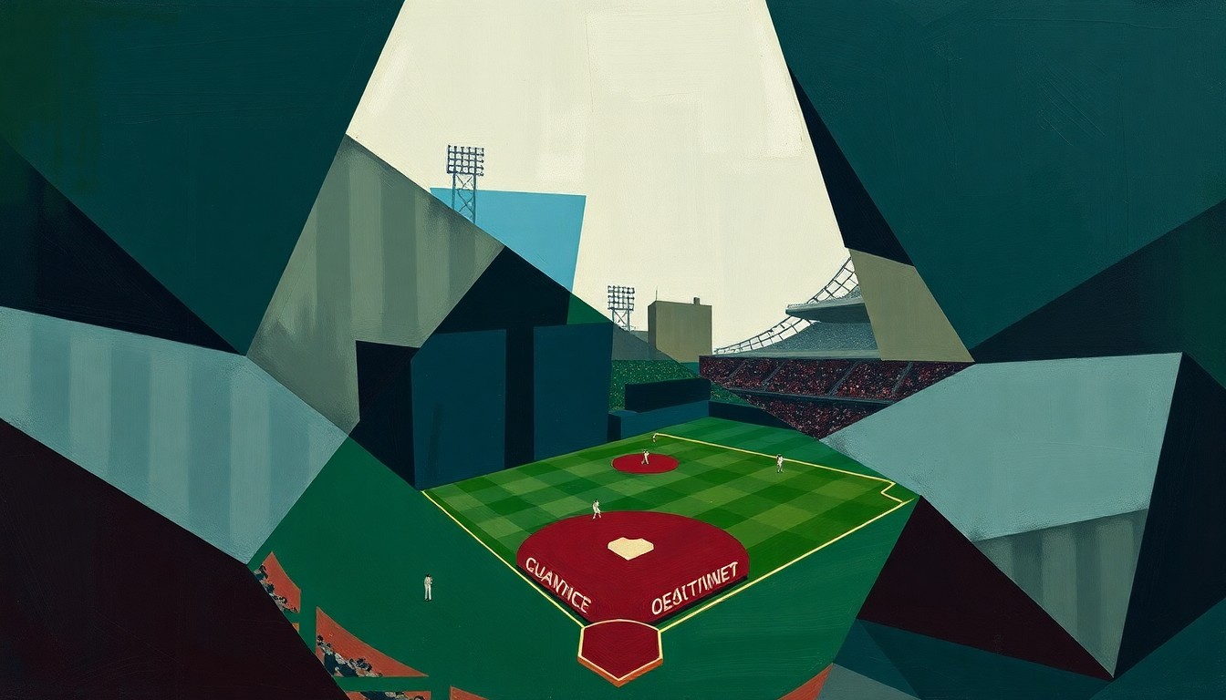 A cubist, geometric painting in muted tones of navy, forest green, and maroon, breaking down a baseball game or match into sharp, overlapping planes, conceptually representing the Mariners' early-season struggles and lack of consistency.
