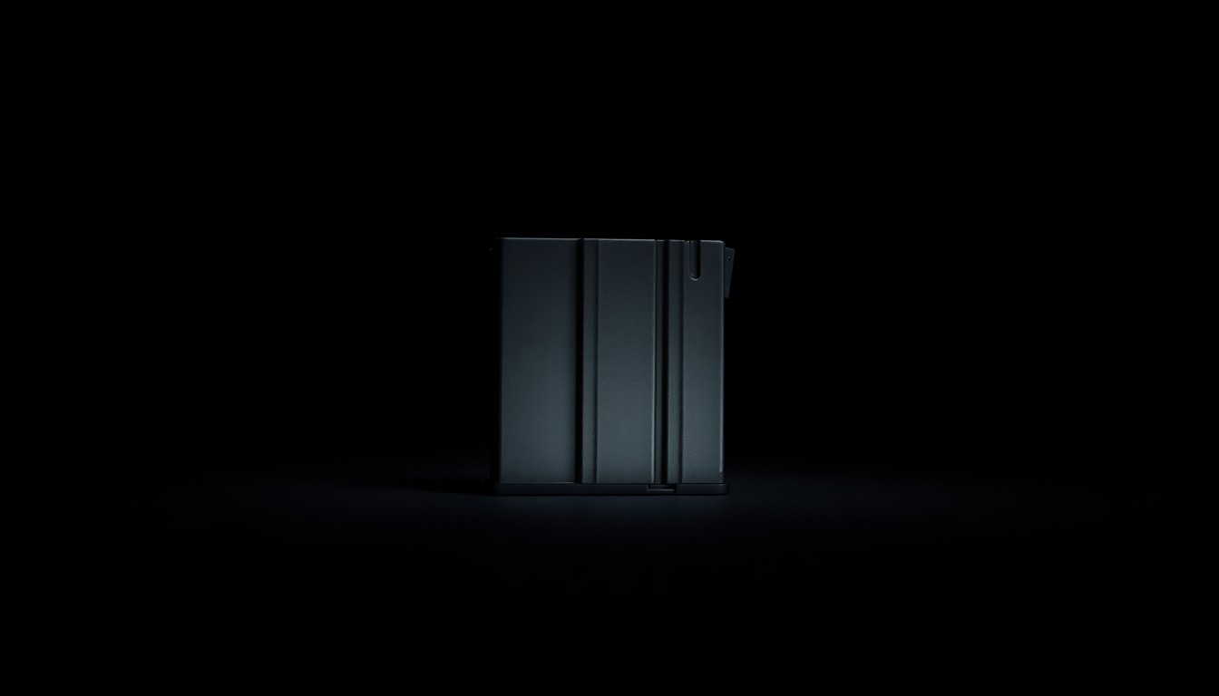 An extreme close-up photograph of a single high-capacity rifle magazine against a pitch-black background, lit by a harsh, direct camera flash, conceptually illustrating the dangerous weapons uncovered in this crime investigation.