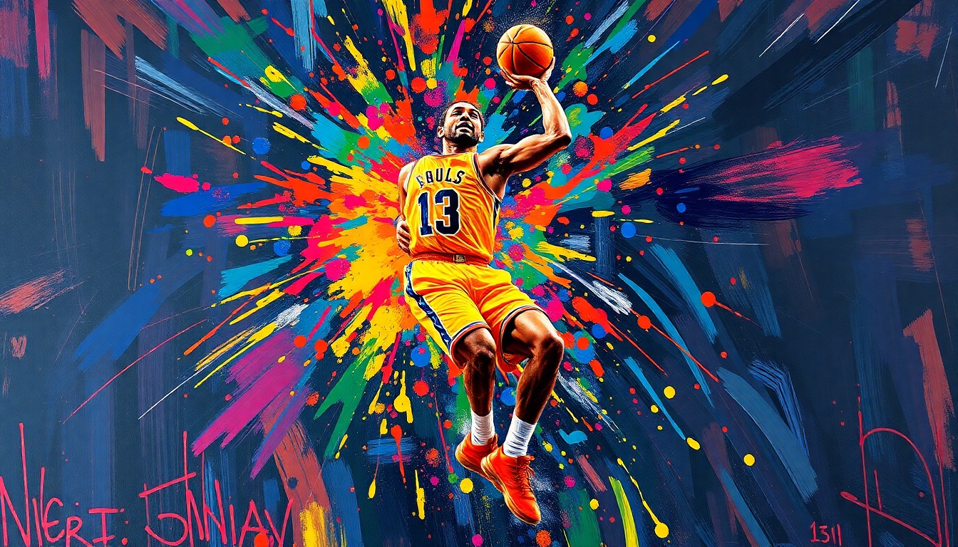 A vibrant, expressionist painting depicting the dynamic movements of a basketball player in mid-jump shot, with the player's face and jersey details dissolving into unrecognizable splatters of neon paint, capturing the raw energy and athleticism of the sport.