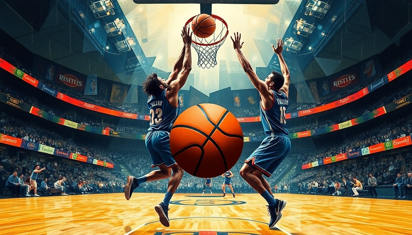 A cubist, geometric painting depicting the dramatic final moments of a basketball game, with the players' bodies and the ball broken down into angular, overlapping shapes and planes.