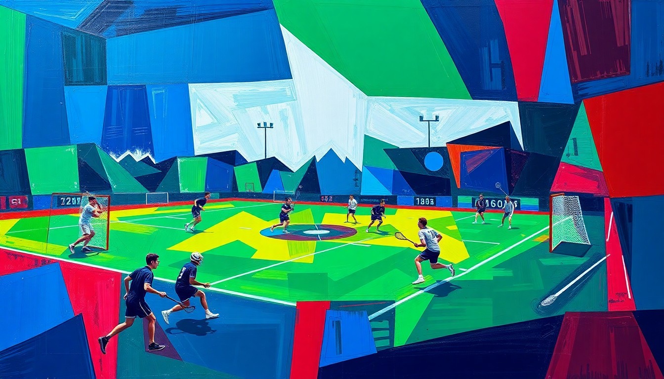 A cubist, geometric painting depicting the chaotic action of a high school lacrosse game, with players and the ball fragmented into overlapping planes of vivid colors.