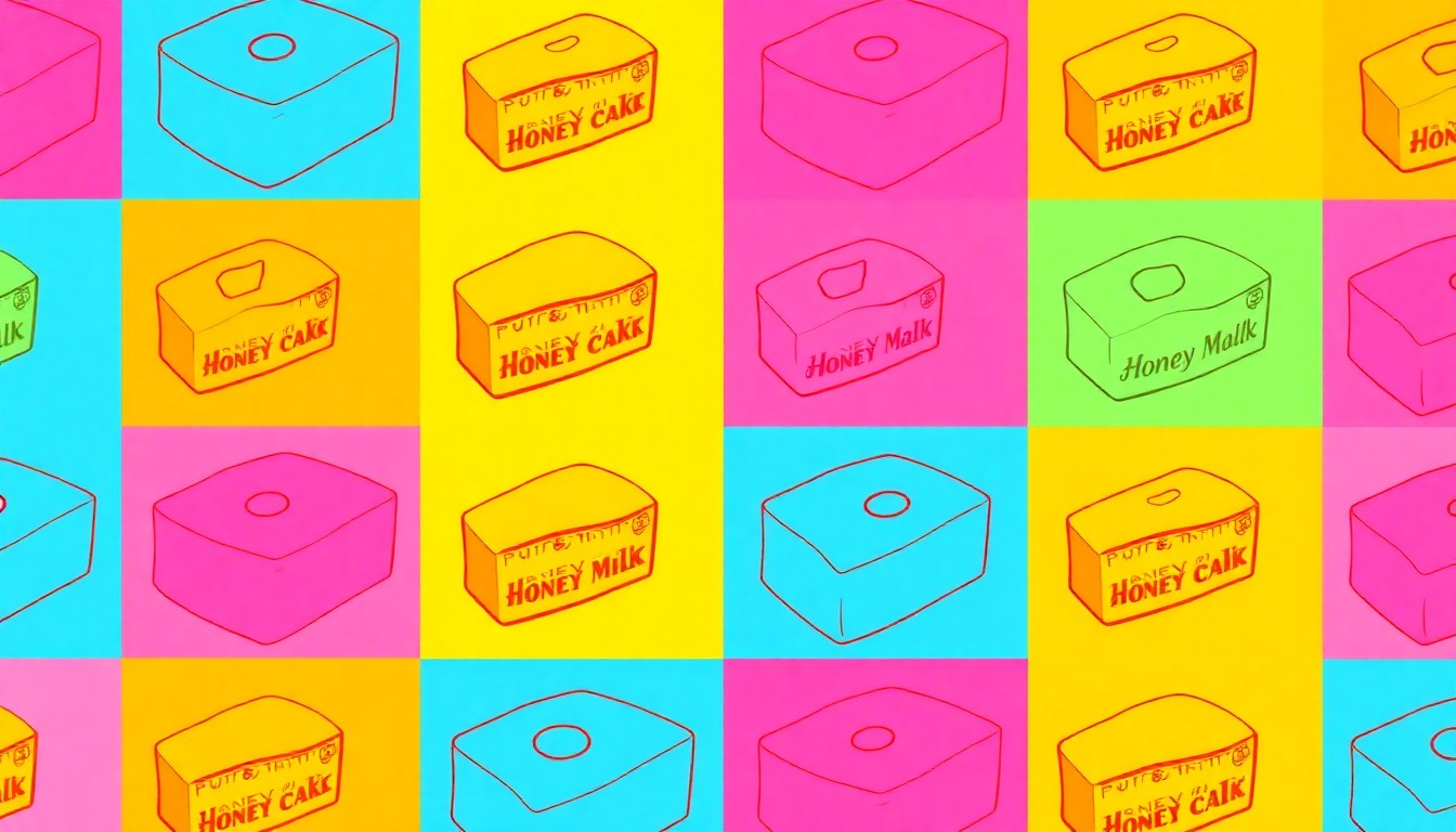 A high-contrast silkscreen print in neon pink, orange, and blue hues depicting a single, iconic Russian-inspired pastry item such as a honey cake or bird's milk confection, repeated in a tight grid pattern to create a modern pop art effect.