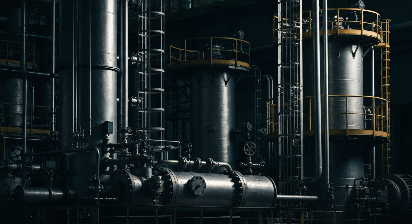 An extreme close-up of intricate, heavy industrial machinery and equipment used in chemical production, with a focus on the textures, forms, and dramatic lighting that convey a sense of institutional strength and security without using any literal financial symbols.