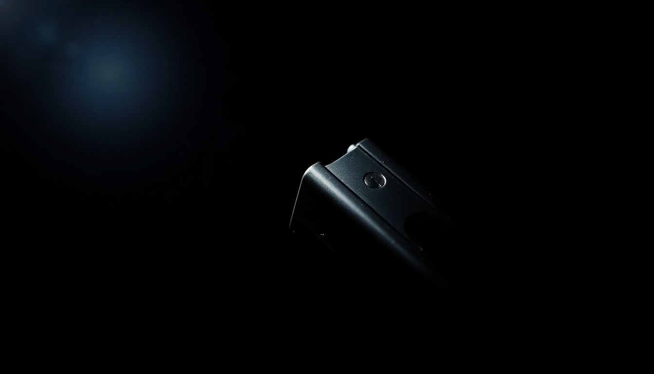 An extreme close-up of a shiny metal object, such as a gun magazine or jewelry, lit by a harsh, direct camera flash against a pitch-black background, conceptually representing the gritty details of a criminal investigation.