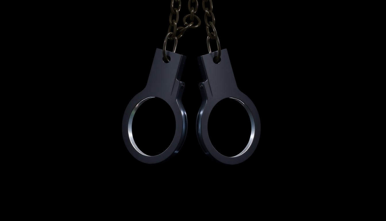 An extreme close-up photograph of a pair of metal handcuffs against a completely black background, the harsh flash creating dramatic shadows and highlights that convey a sense of investigation and legal consequences.