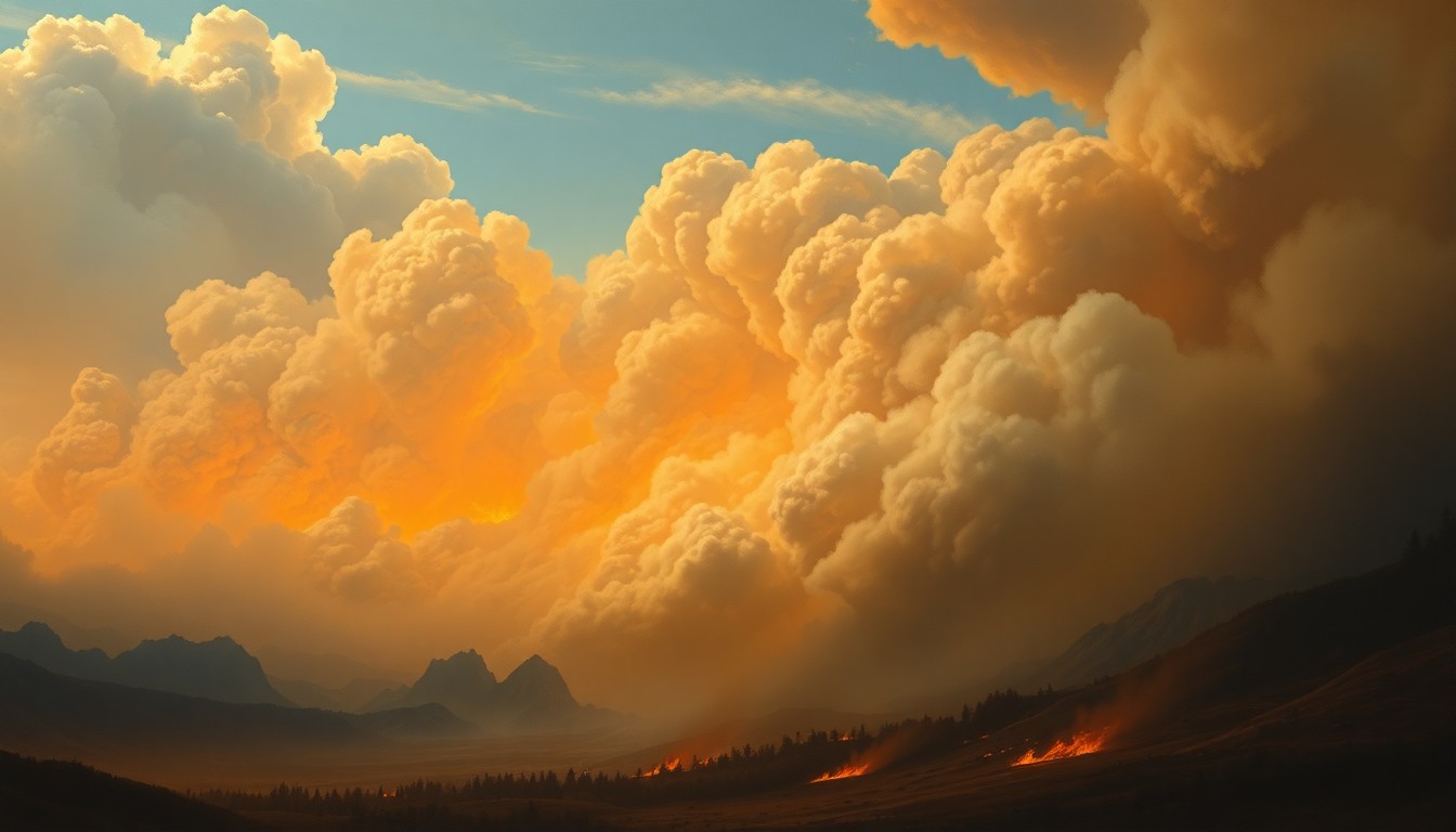 A sweeping landscape painting in muted earth tones, with billowing plumes of smoke obscuring the horizon and dwarfing any physical structures in the foreground, conveying the overwhelming, sublime power of a natural disaster.