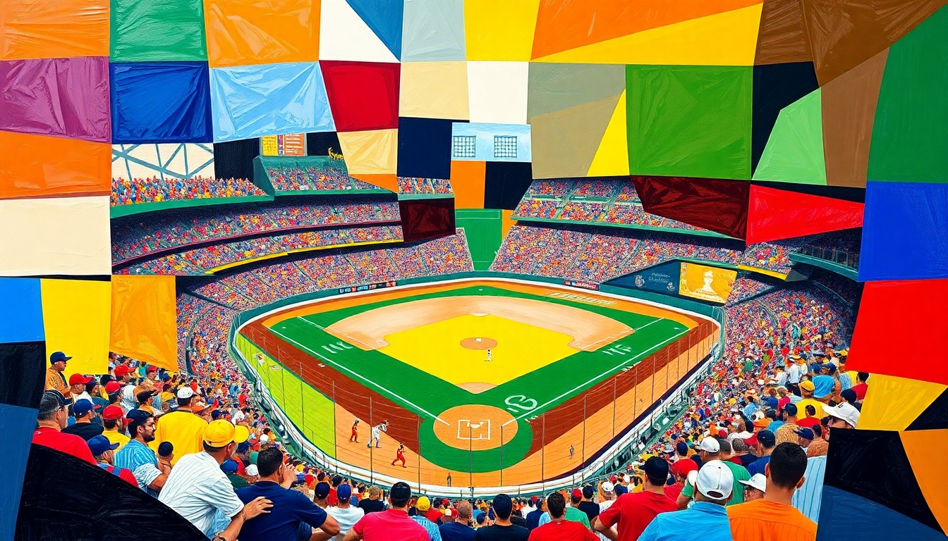 A cubist, geometric painting depicting a baseball game in motion, with sharp, overlapping planes of the RailRiders' and Bulls' team colors creating a dynamic, fractured visual representation of the game's action.