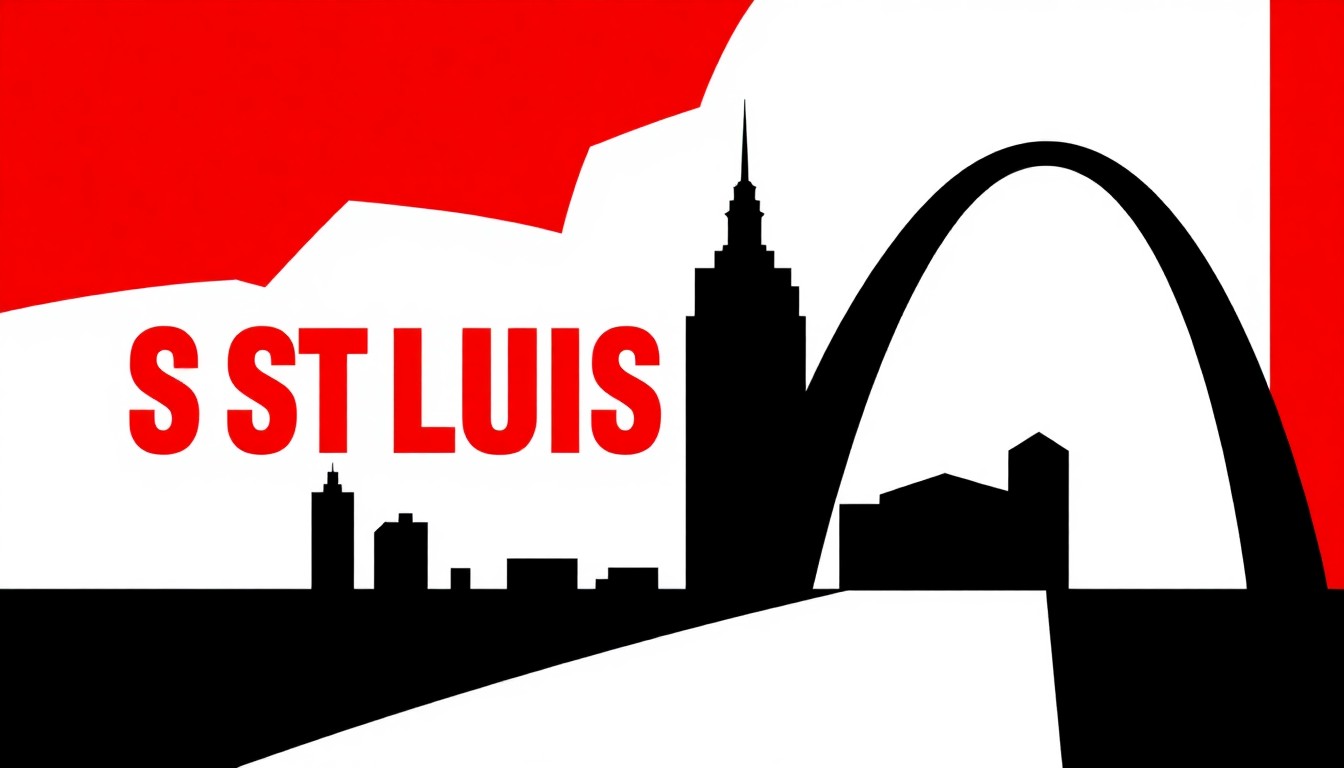 An abstract, minimalist illustration featuring bold, jagged shapes and high-contrast colors, conceptually representing the disconnect between the show's title and its actual depiction of St. Louis.
