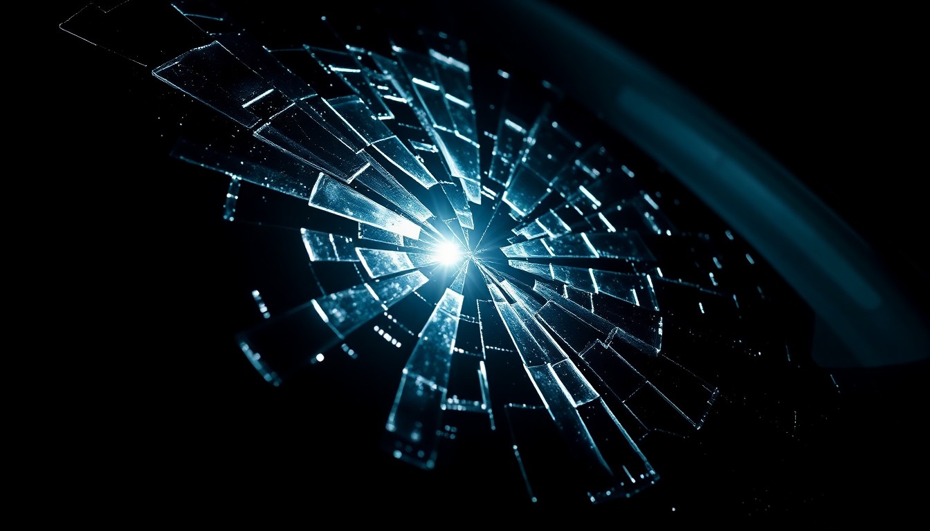 An extreme close-up photograph of a shattered car windshield, the glass fractured and reflecting the harsh glare of a camera flash against a pitch-black background, conceptually illustrating the tragic consequences of a high-speed police chase.