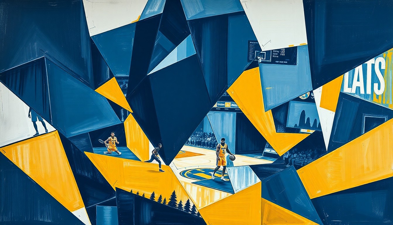 A cubist, geometric painting depicting a Nuggets basketball game, with sharp, overlapping planes of navy blue, gold, and white representing the dynamic action on the court.