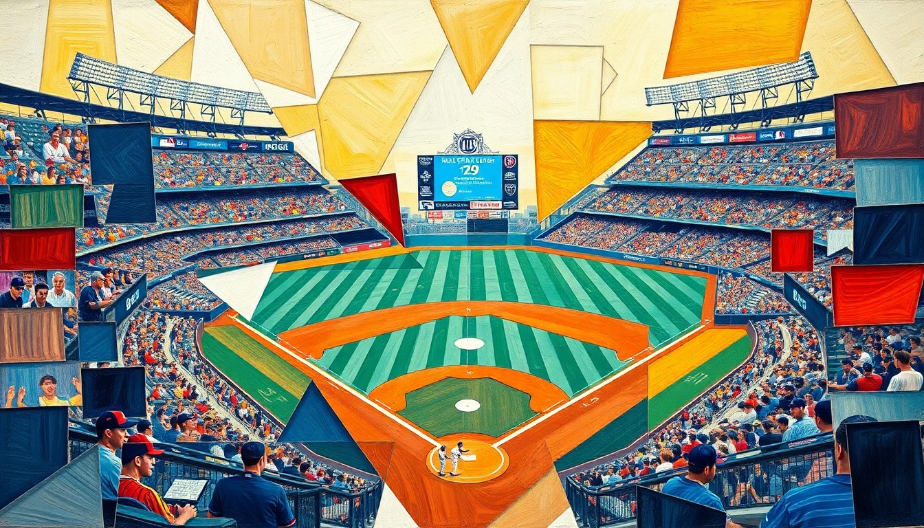 A cubist-style painting depicting a baseball game between the Minnesota Twins and Detroit Tigers, with the action broken down into sharp, overlapping geometric shapes in a vibrant color palette.