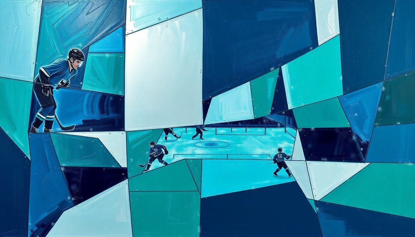 A cubist-style painting featuring overlapping geometric shapes and planes in navy blue, emerald green, and silver, conceptually representing the fragmented and disjointed nature of the Seattle Kraken's struggles on the ice.