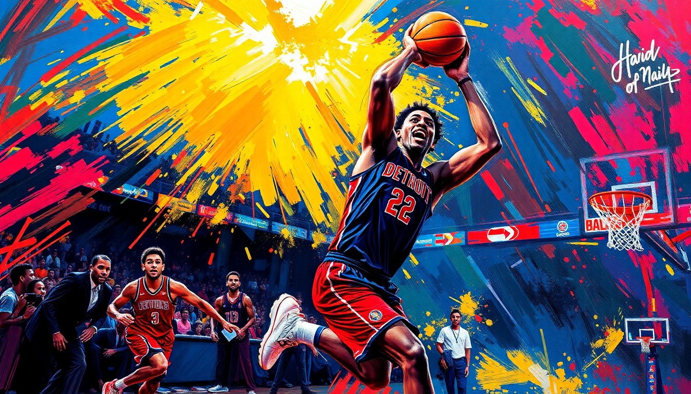 An abstract, energetic painting featuring bold, neon-colored brushstrokes that capture the dynamic movements and intensity of a basketball player driving to the hoop, conceptually representing Cade Cunningham's impact on the game.