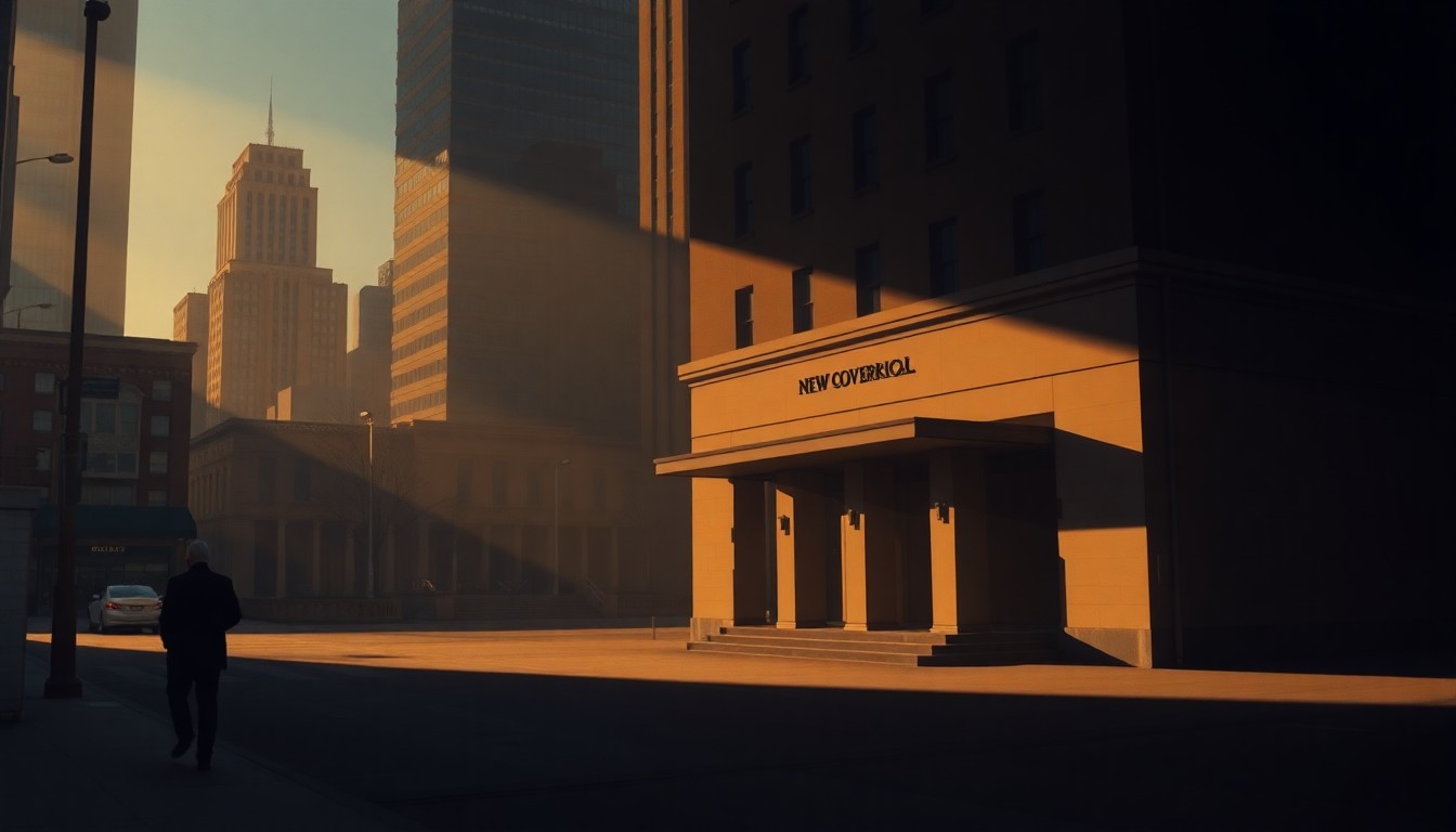 A serene, nostalgic painting of a New York City government building or public space, with warm lighting and deep shadows creating a contemplative mood.