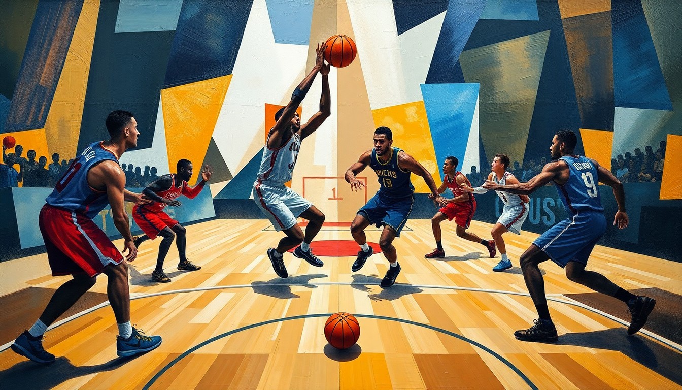 A fragmented, geometric painting depicting the dynamic movements and energy of a basketball game, with the players' forms broken down into abstract shapes and planes of color.