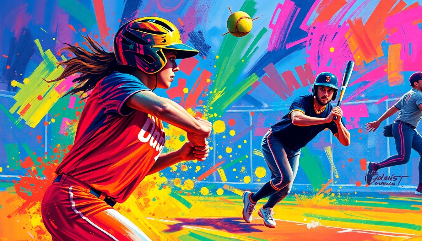 An abstract, expressionist painting in vibrant neon colors, with dynamic brushstrokes capturing the raw energy and intensity of a high-stakes softball game.