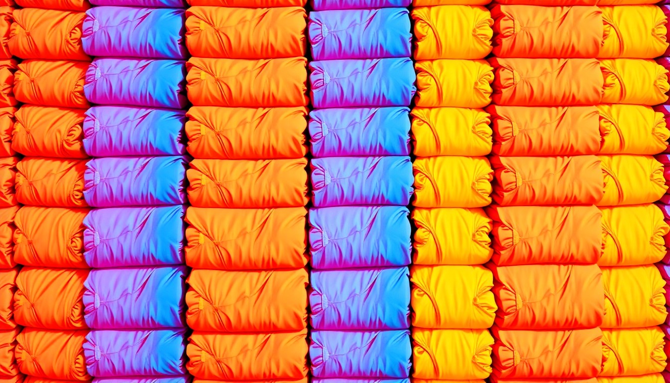 A bold, colorful silkscreen-style illustration featuring a repeating grid of neon-colored diaper packages, conceptually representing the essential supplies provided by Infant Crisis Services.