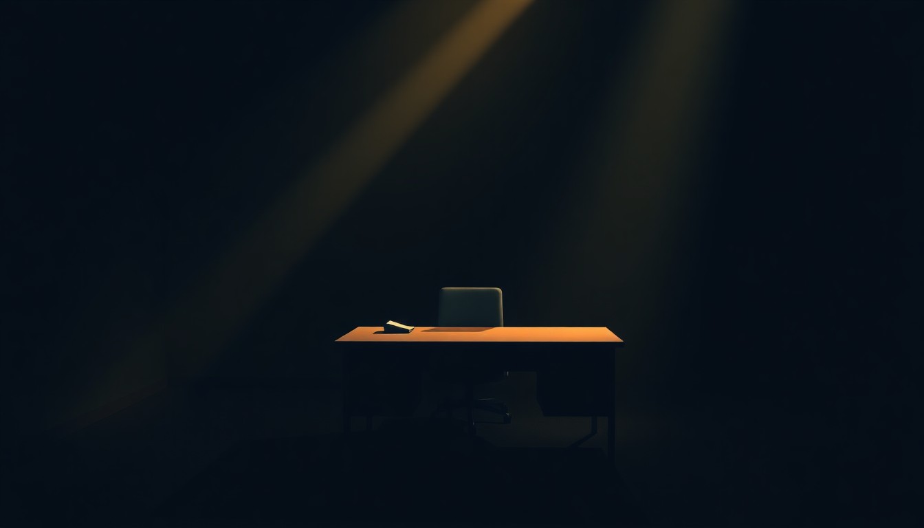 A dimly lit government office desk with a single beam of warm, diagonal sunlight cutting across the surface, evoking a sense of melancholy and bureaucratic isolation.