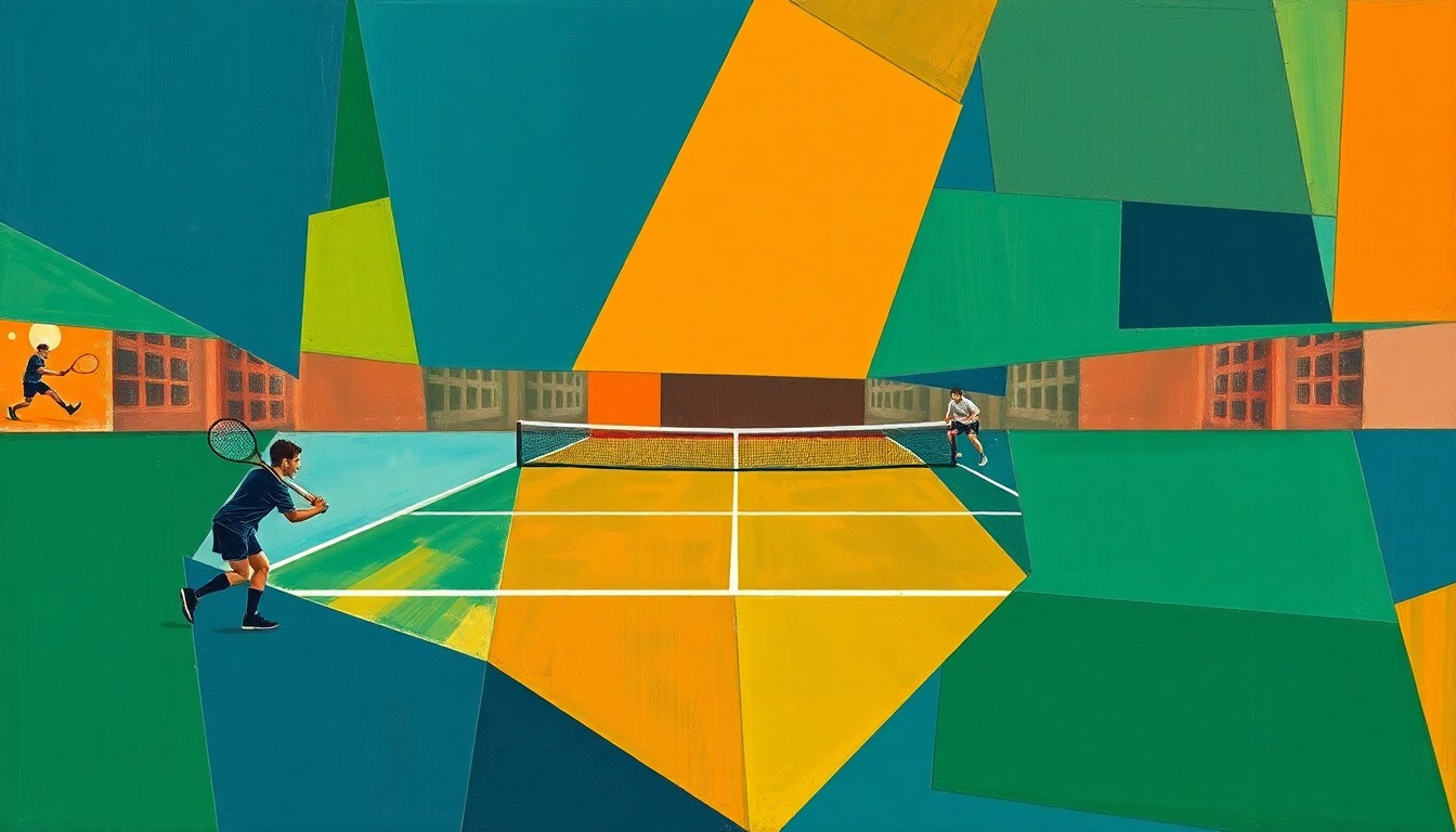 A cubist, geometric painting depicting a high school tennis match, with overlapping planes of navy, green, and orange representing the dynamic action on the court.