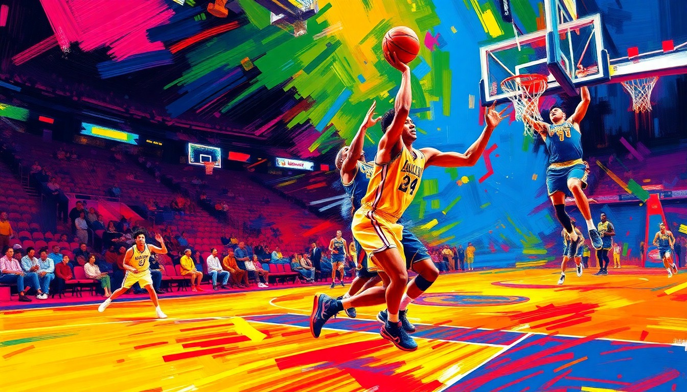 An abstract painting in vibrant neon colors, with rapid brushstrokes conveying the raw energy and intensity of a professional basketball game.