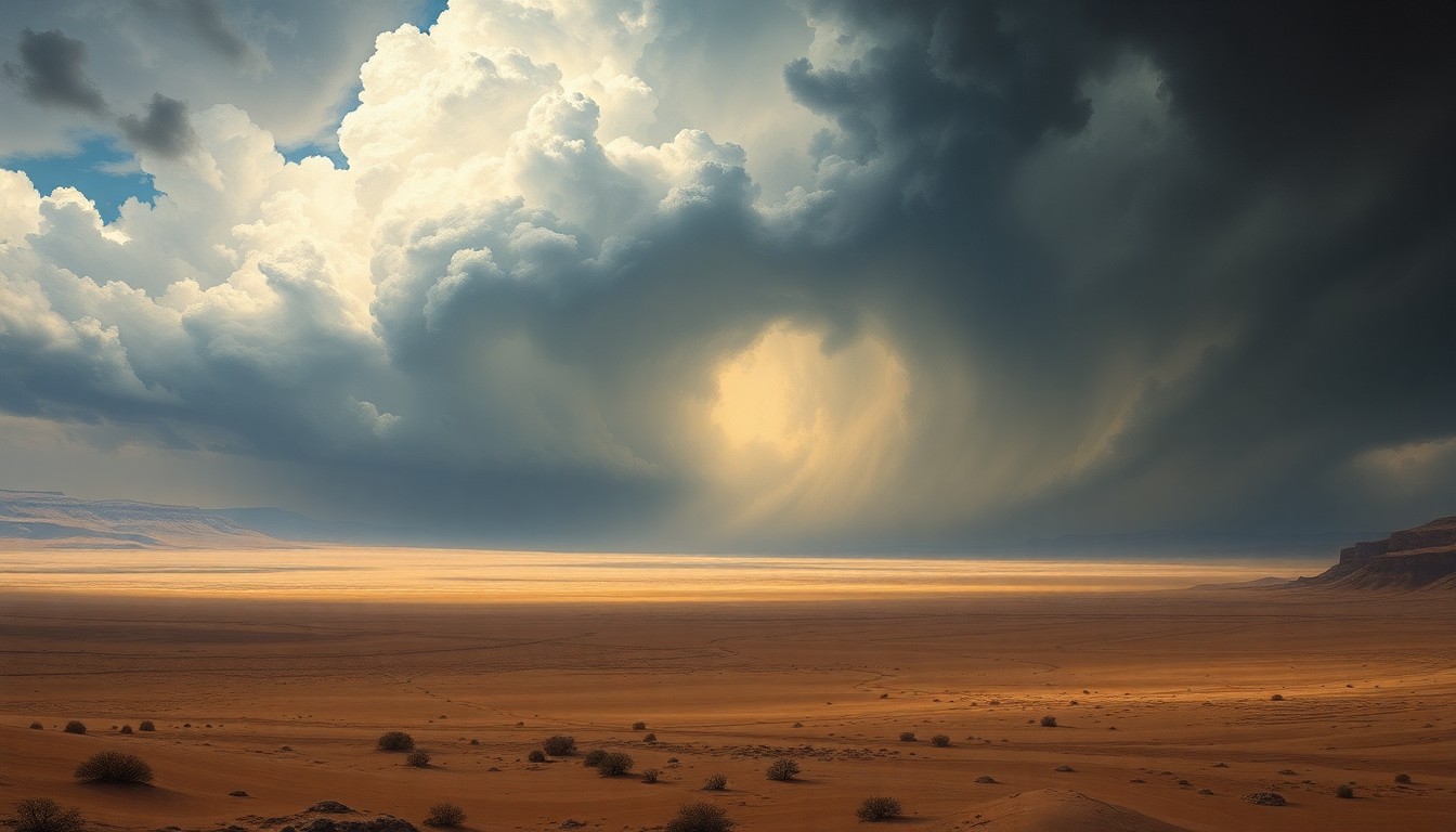 A vast, atmospheric landscape painting depicting a dramatic desert scene with a looming storm system on the horizon, conveying the impending change in weather conditions for the Las Vegas area.