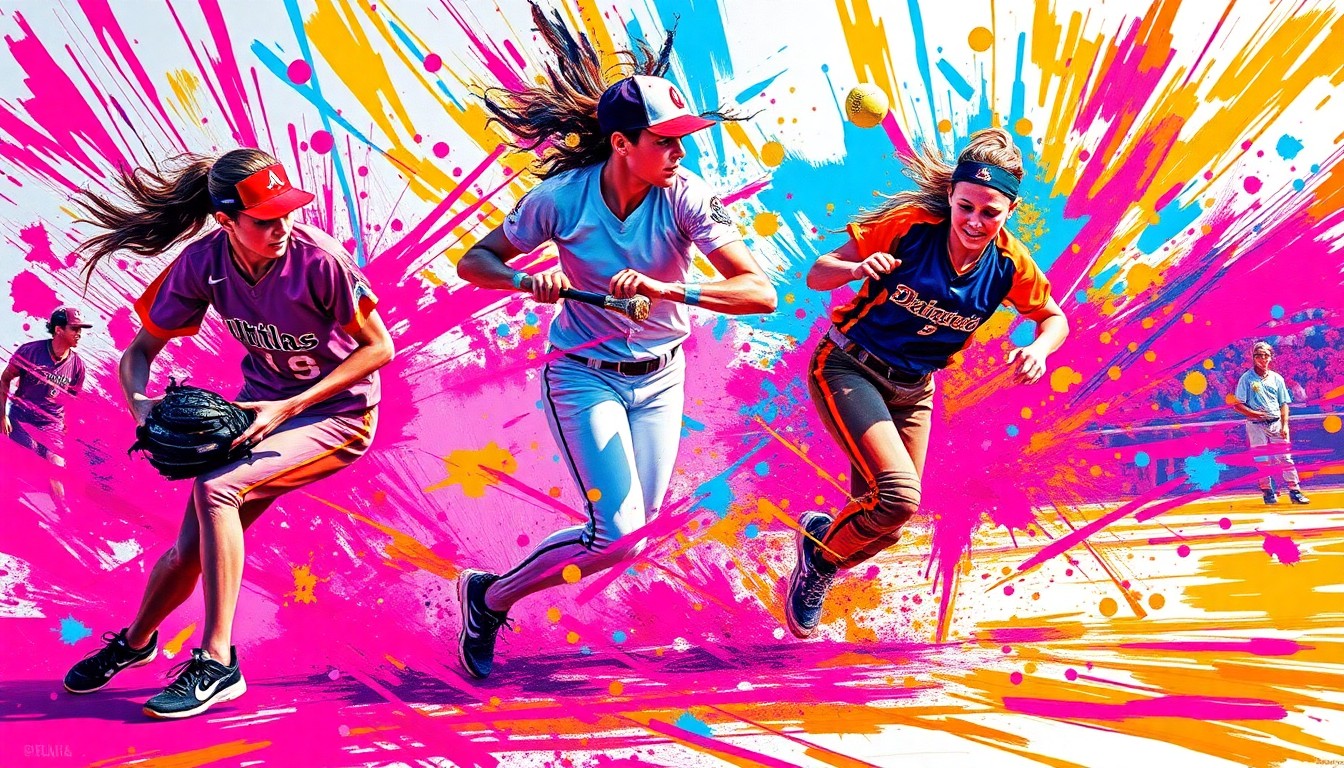 An abstract expressionist painting featuring vibrant, energetic brushstrokes in neon pink, blue, and orange, capturing the intensity and competitive spirit of a high school softball game.