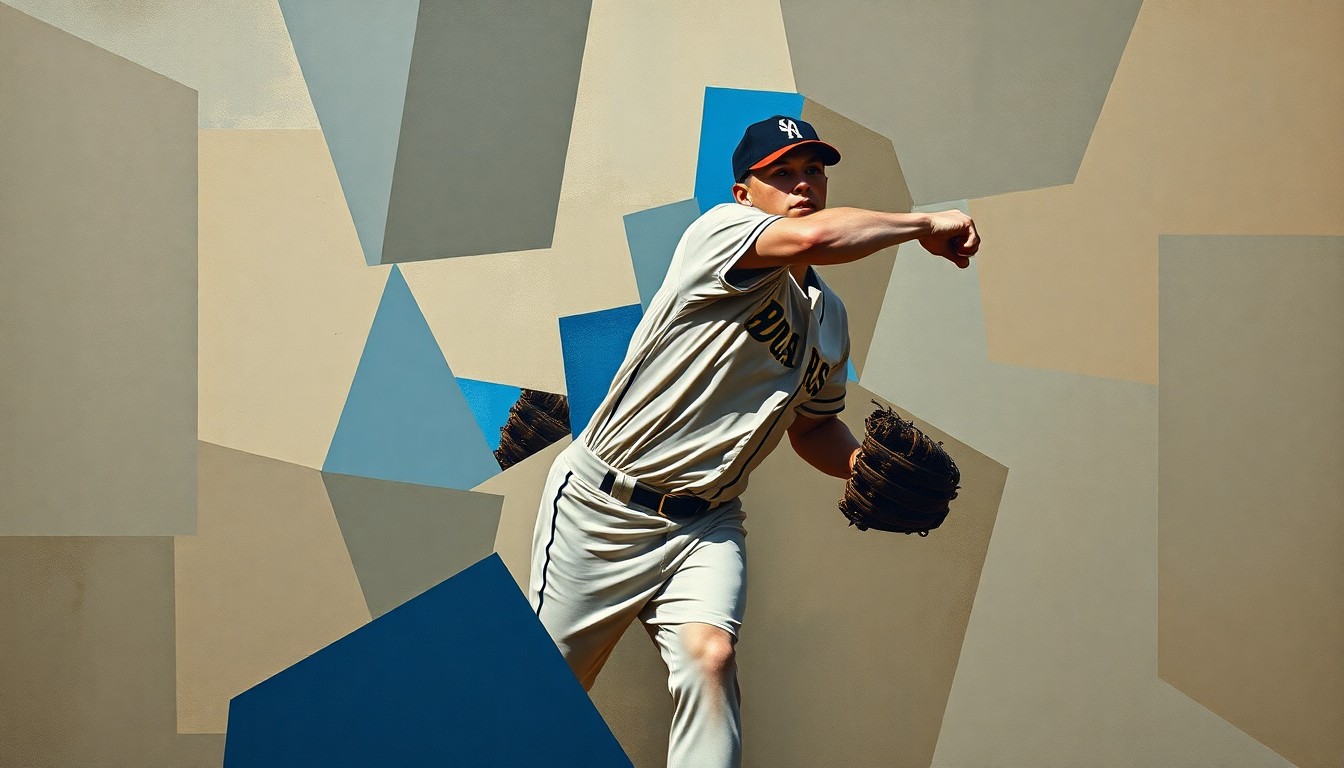 A fragmented, cubist-style painting depicting the motion and delivery of a high school baseball pitcher, with sharp geometric shapes and planes in muted earth tones and blues, conveying the tension between individual achievement and long-term player development.
