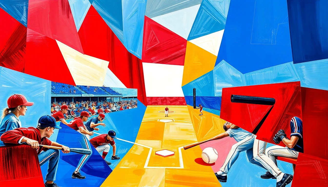 A cubist, geometric painting depicting the dynamic action of a high school softball game, with sharp, overlapping planes of red, white, and blue representing the competing teams.