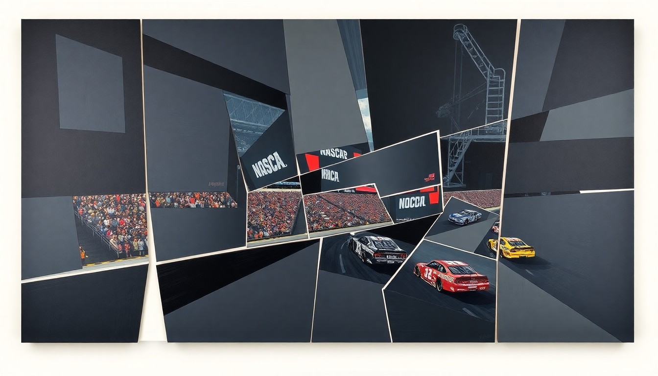 A cubist, geometric painting depicting a fractured, multi-perspective view of a NASCAR race at Bristol Motor Speedway, with sharp, overlapping planes of dark grays, blues, and reds conveying the dynamic energy of the event.