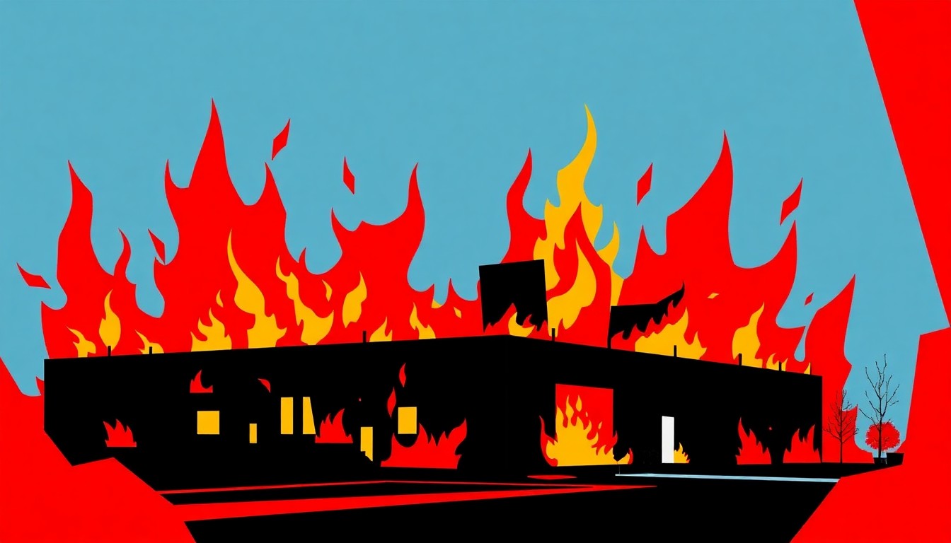 An extreme, abstract composition of jagged, angular shapes in fiery red, orange, and black hues, conceptually representing a medical facility consumed by flames.