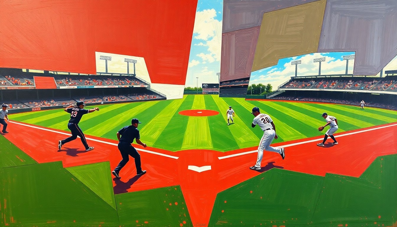 A fragmented, geometric painting depicting the motion and action of a baseball game, with overlapping planes of green, red, and silhouetted players, conveying the competitive spirit of the High-A Northwest League contest.